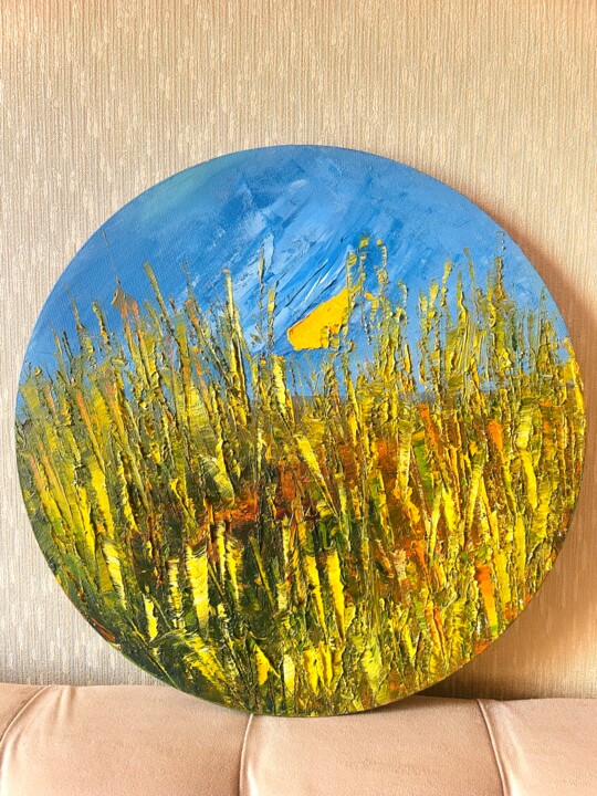 Painting titled "Golden grain field" by Diana Mazjane, Original Artwork, Oil