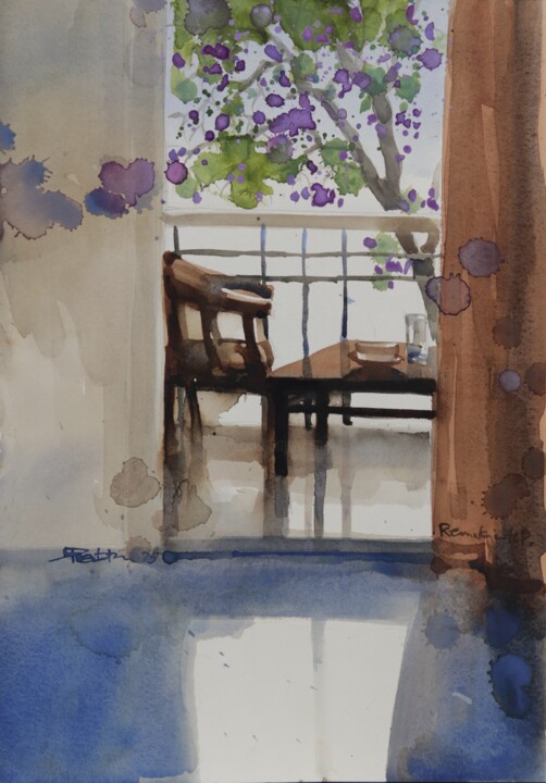 Violet blooms, balcony view Schilderij, 20x14 in