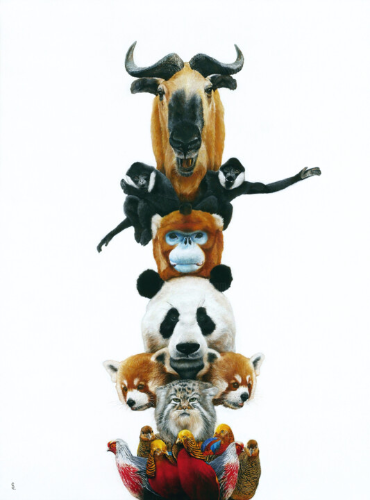 Ζωγραφική με τίτλο "Totems fo Sichuan" από Sailev, Αυθεντικά έργα τέχνης, Λάδι Τοποθετήθηκε στο Ξύλινο φορείο σκελετό