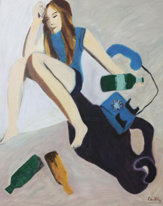 Пьяная девушка ждет важного звонка 绘画, 27.3x23.4 in