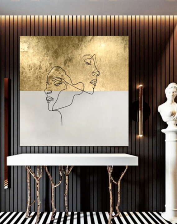 Gold Leaf Abstract, One Line Painting on Canvas, Large Gold 绘画, 39.4x39.4 in