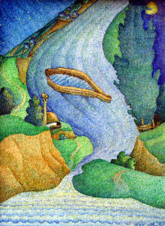 A boat is sailing, alone behind the water 绘画, 6.3x4.7 in
