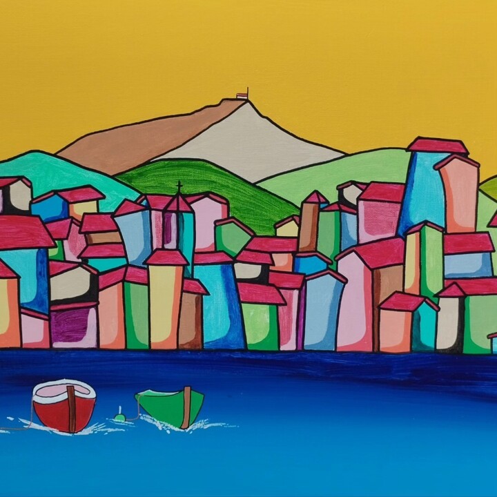 Painting titled "La Rhune au sommet" by Didier Dordeins, Original Artwork, Acrylic Mounted on Wood Stretcher frame