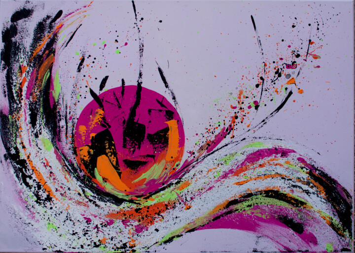 Schilderij getiteld "Lunar Descent" door Iliana Ovtcharova, Origineel Kunstwerk, Acryl Gemonteerd op Frame voor houten branc…