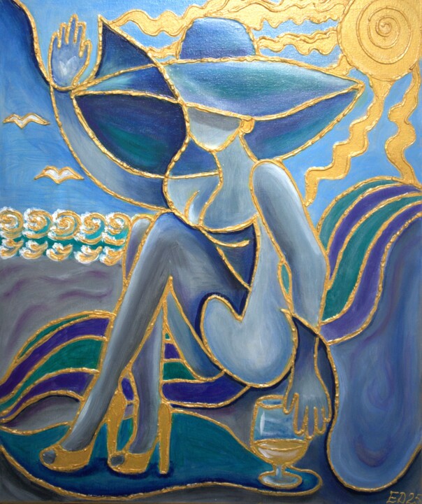 Painting titled "Aperitivo al mare.…" by Elena Dunaeva, Original Artwork, Acrylic Mounted on Wood Stretcher frame