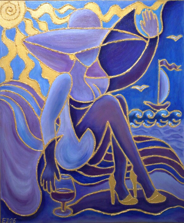 Painting titled "Aperitivo al mare.…" by Elena Dunaeva, Original Artwork, Acrylic Mounted on Wood Stretcher frame