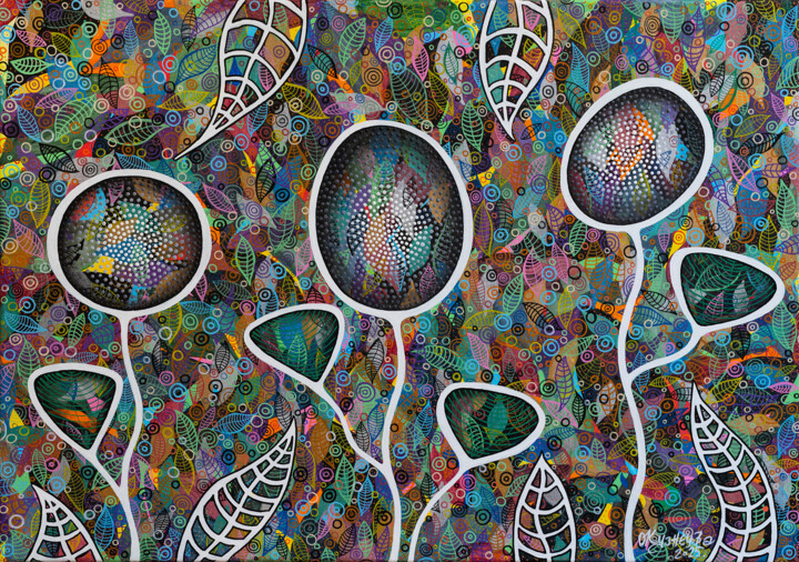 Painting titled "Flowers series-3" by Olha Kuznietsova, Original Artwork, Acrylic Mounted on Wood Stretcher frame