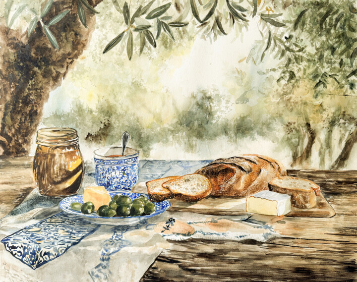 Pintura intitulada "Breakfast under the…" por Irina Kurganskaya, Obras de arte originais, Aquarela
