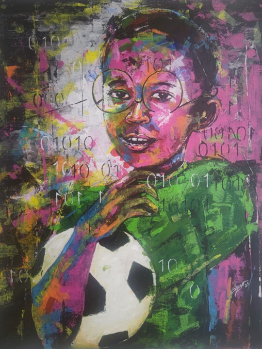 Painting titled "Le ballon d'or" by Charles Yemming, Original Artwork, Acrylic Mounted on Wood Stretcher frame