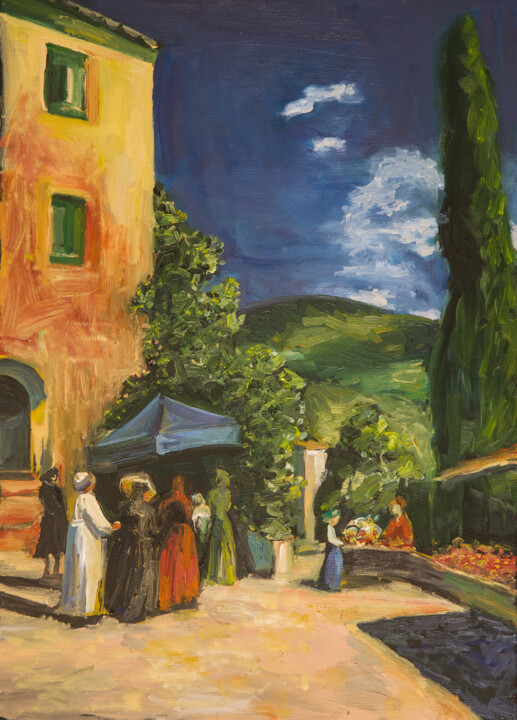 Pintura intitulada "Market Under Cypress" por Alyona Zavidina, Obras de arte originais, Óleo Montado em Armação em madeira