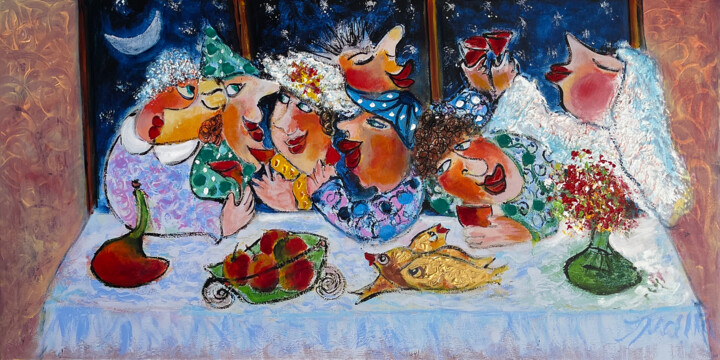 Peinture intitulée "Cozy Get-Together -…" par Malka Tsentsiper, Œuvre d'art originale, Impression numérique Monté sur Châssi…