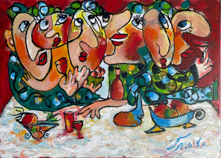 Peinture intitulée "Cozy Get-Together -…" par Malka Tsentsiper, Œuvre d'art originale, Peinture numérique Monté sur Châssis…