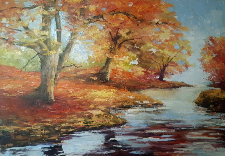 Painting titled "By the river" by Vladislav Dmitrijev, Original Artwork, Oil