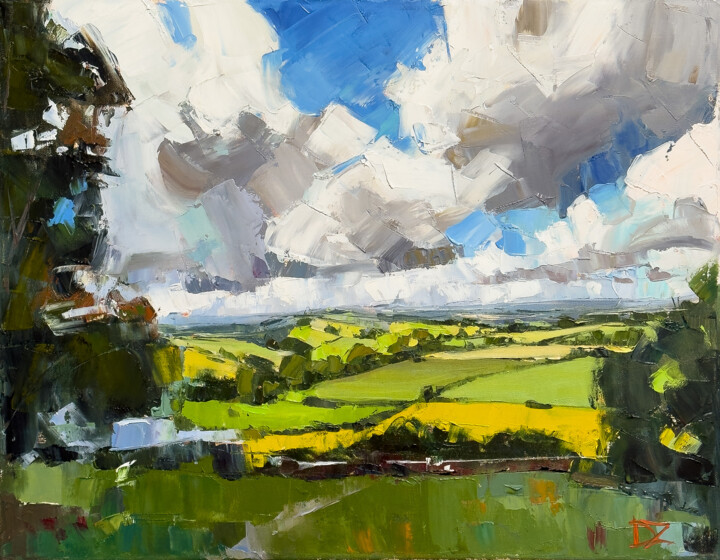 Schilderij getiteld "Fields Under Flying…" door Daria Zavadenko, Origineel Kunstwerk, Olie