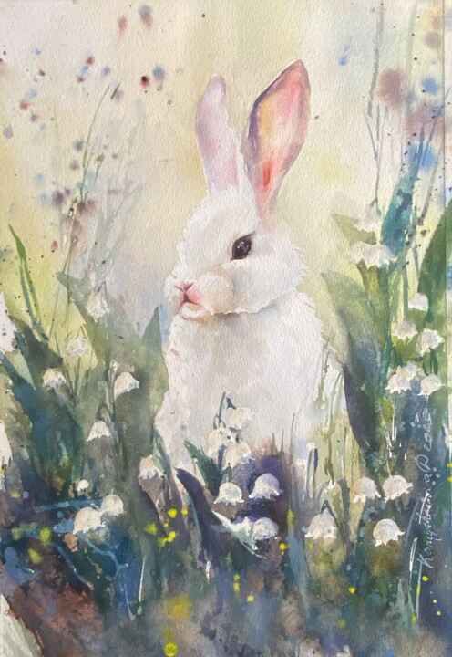 Schilderij getiteld "Rabbit in lilies of…" door Daria Kamishanova, Origineel Kunstwerk, Aquarel