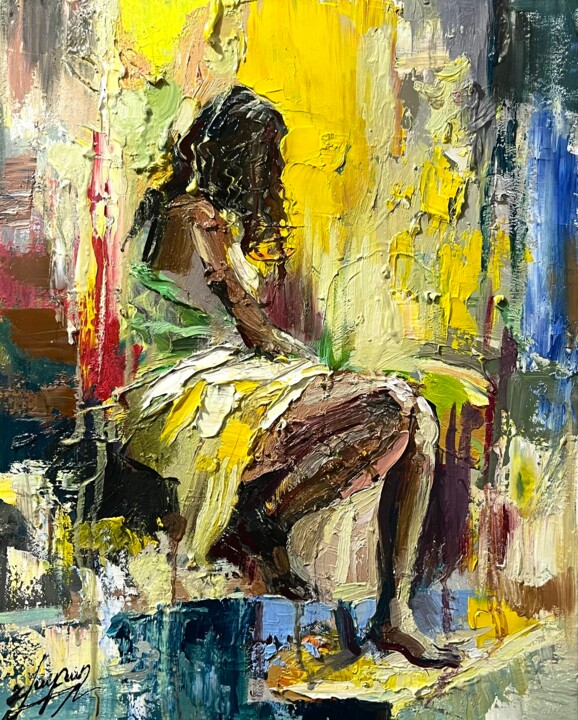 Schilderij getiteld "She Waits Silently" door Vahe Bagumyan, Origineel Kunstwerk, Olie Gemonteerd op Frame voor houten branc…