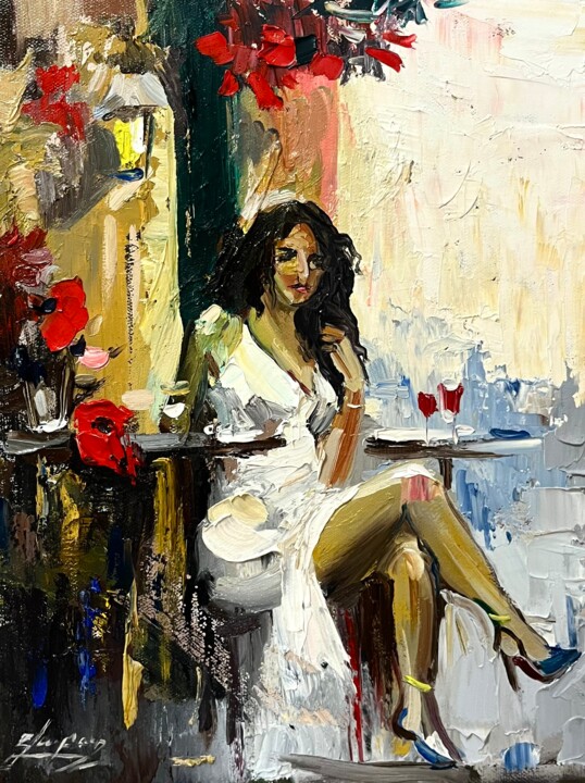 Schilderij getiteld "A White Elegance" door Vahe Bagumyan, Origineel Kunstwerk, Olie Gemonteerd op Frame voor houten brancard