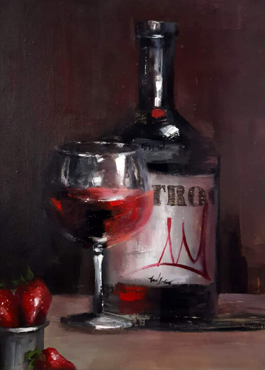 Wine and strawberries 绘画, 15.8x11.8 in