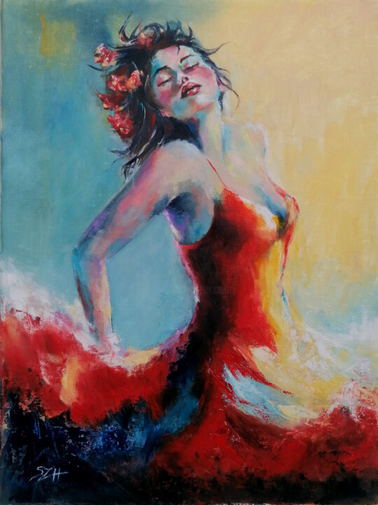 Painting titled "Flamenco Dancer 251" by Susana Zarate Harris, Original Artwork, Oil Mounted on Wood Stretcher frame