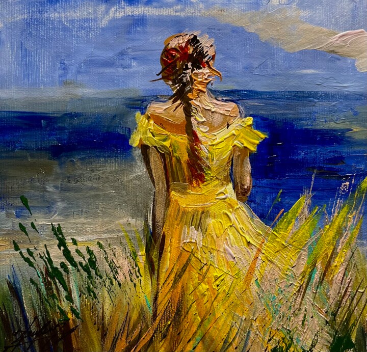 Schilderij getiteld "Beauty in a Yellow…" door Vahe Bagumyan, Origineel Kunstwerk, Olie Gemonteerd op Frame voor houten bran…