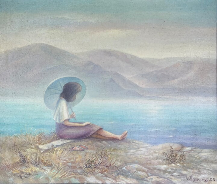 Schilderij getiteld "On The Shore of Lak…" door Samvel Atasunts, Origineel Kunstwerk, Olie