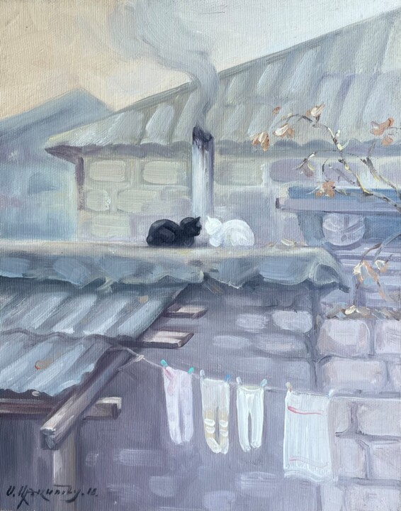 Schilderij getiteld "Rooftop Warmth" door Samvel Atasunts, Origineel Kunstwerk, Olie