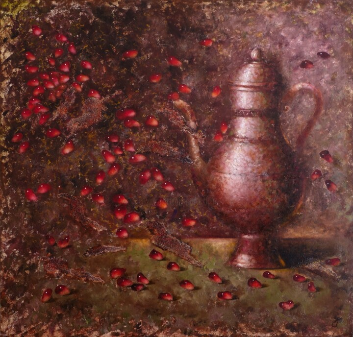 Painting titled "Pomegranate tea" by Svetlana Petruša, Original Artwork, Oil Mounted on Wood Stretcher frame