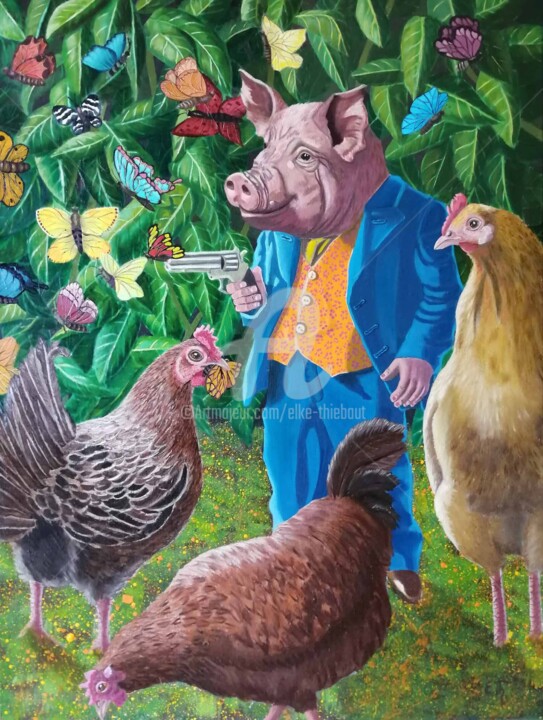 Painting titled "Le Pistolet" by Elke Thiébaut, Original Artwork, Oil Mounted on Wood Stretcher frame