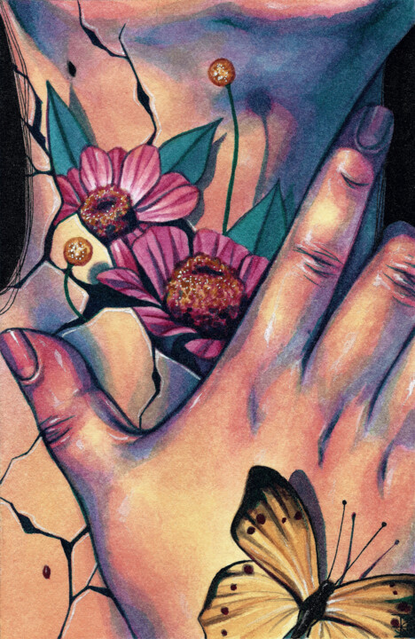 Painting titled "Flores & Grietas" by Roselin Estephanía, Original Artwork, Watercolor