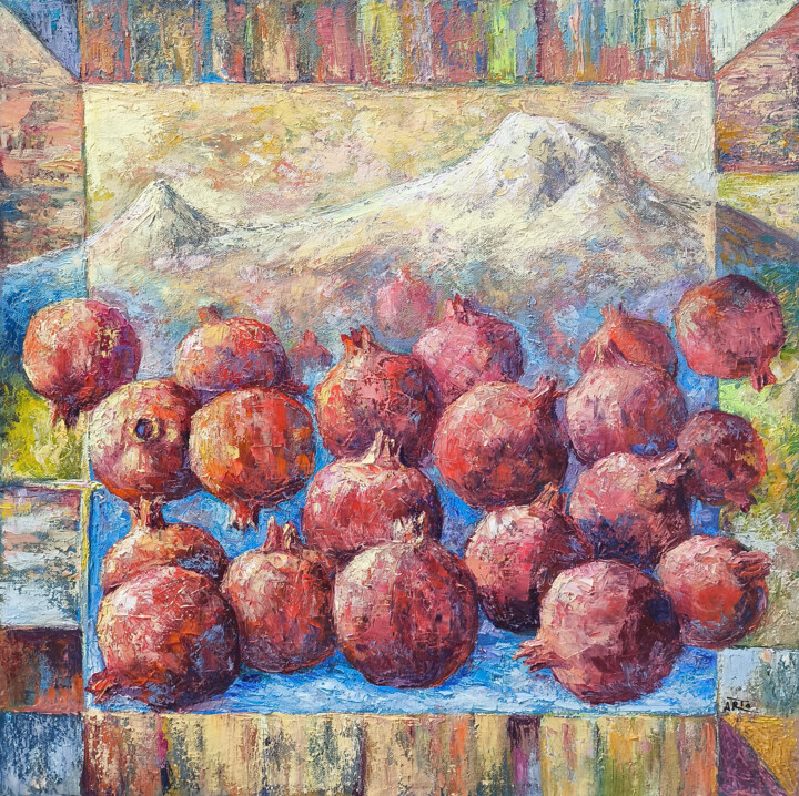 Schilderij getiteld "Abundance and Memory" door Arto Mkrtchyan, Origineel Kunstwerk, Olie Gemonteerd op Frame voor houten br…