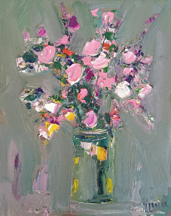 Schilderij getiteld "A Spring Gesture" door Vlas Ayvazyan, Origineel Kunstwerk, Olie Gemonteerd op Frame voor houten brancard