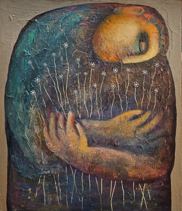 Schilderij getiteld "The Garden Embrace" door Liana Asatryan, Origineel Kunstwerk, Acryl Gemonteerd op Frame voor houten bra…