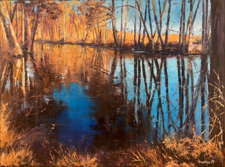 Painting titled "Spring reflection" by Martina Krupičková, Original Artwork, Oil Mounted on Wood Stretcher frame