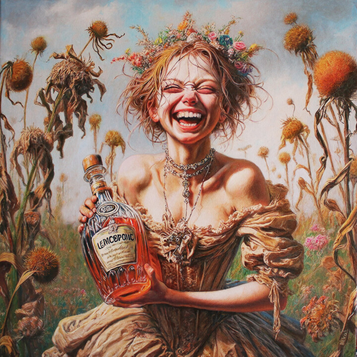 Painting titled "Dear cognac" by Rékai Zsolt, Original Artwork, Oil Mounted on Wood Stretcher frame