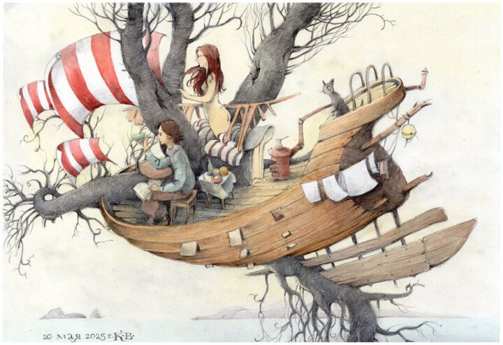 Drawing titled "Flying ship" by Valery K, Original Artwork, Watercolor
