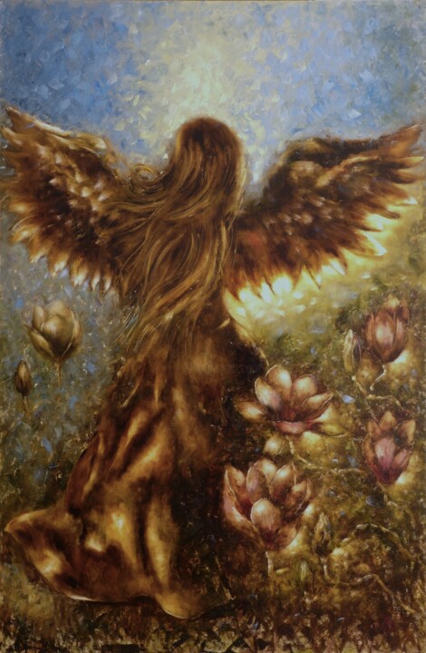 Painting titled "Greeting the dawn" by Svetlana Petruša, Original Artwork, Oil Mounted on Wood Stretcher frame