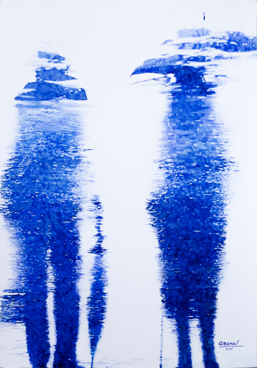 Dessin intitulée "Couple sous la Pluie" par Ananou, Œuvre d'art originale, Stylo à bille Monté sur Autre panneau rigide
