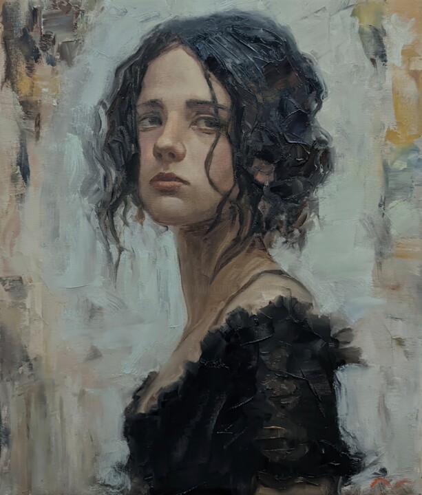 Painting titled "Woman in black" by Pavel Guliaev, Original Artwork, Oil Mounted on Wood Stretcher frame