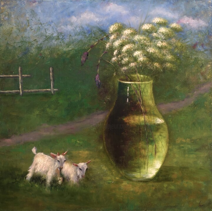 Painting titled "A walk through the…" by Svetlana Petruša, Original Artwork, Oil Mounted on Wood Stretcher frame