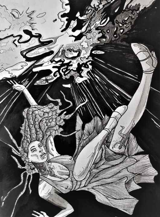 Drawing titled "femme tourmentée " by Treca, Original Artwork, Ink