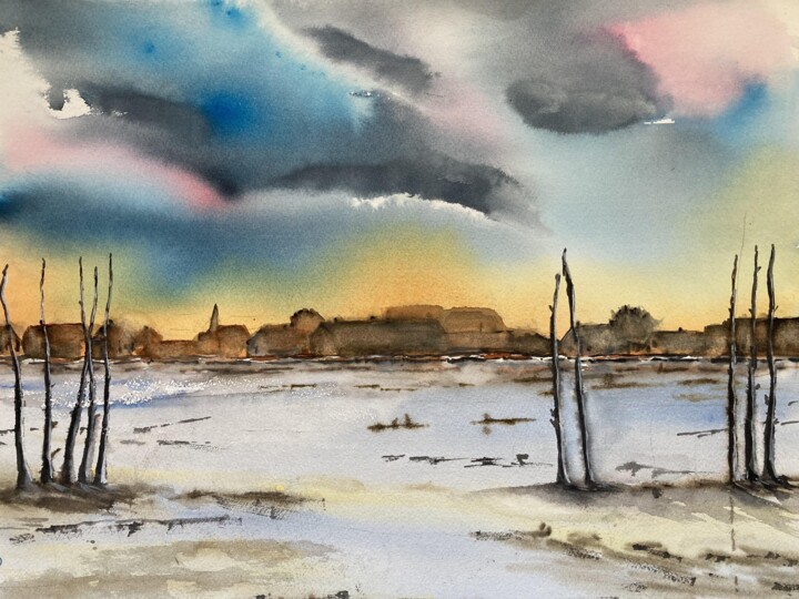 Dessin intitulée "Souvenir de Gironde" par Mireille Bridier, Œuvre d'art originale, Aquarelle