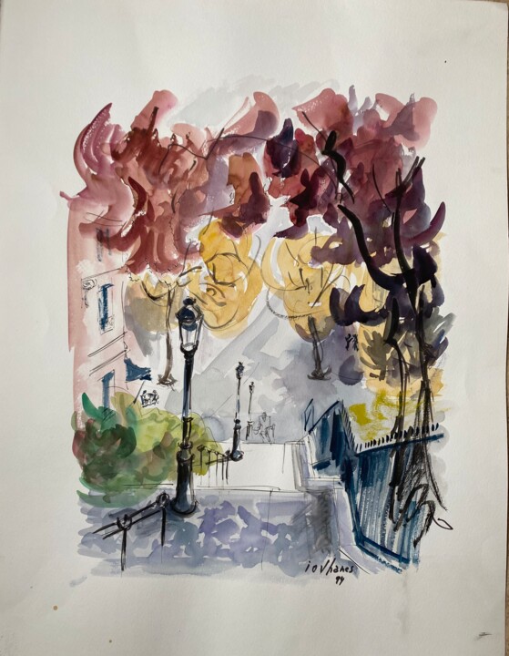 Peinture intitulée "Les escaliers de la…" par Jean Retif, Œuvre d'art originale, Aquarelle