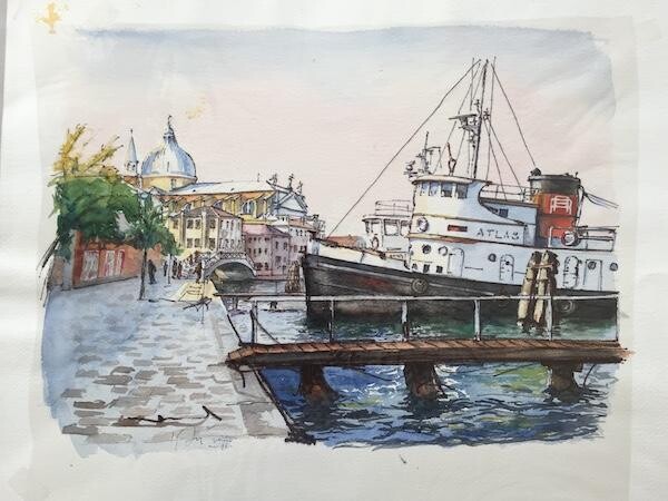 Painting titled "Quai à Venise" by Jean Retif, Original Artwork, Watercolor