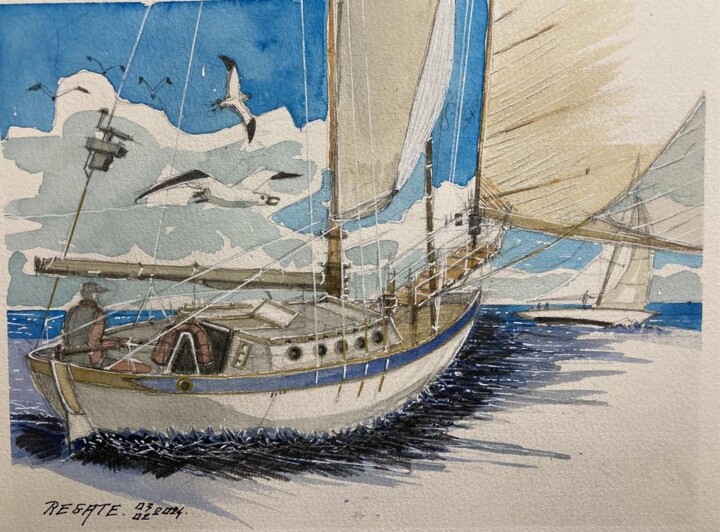 Painting titled "REGATE " by Philippe Brunet, Original Artwork, Watercolor