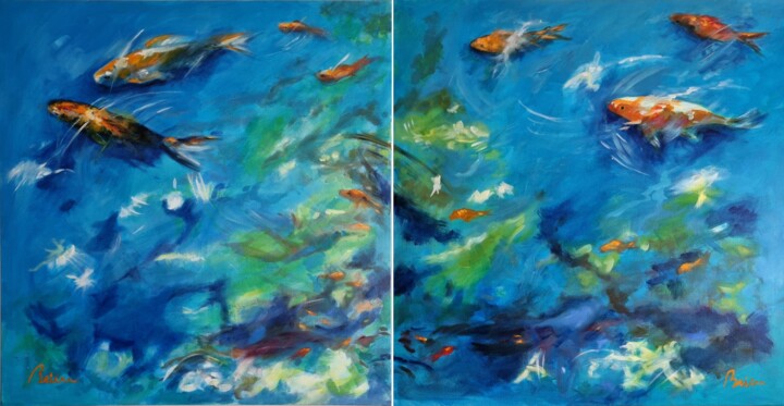 A contre-courant (diptyque) Schilderij, 35,4x70,9 in