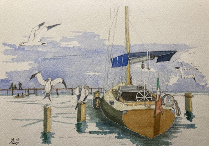 Painting titled "Boat Pier " by Philippe Brunet, Original Artwork, Watercolor