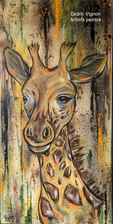 Peinture girafe giraffe animal street art jaune gris marron 绘画, 31.5x15.8 in