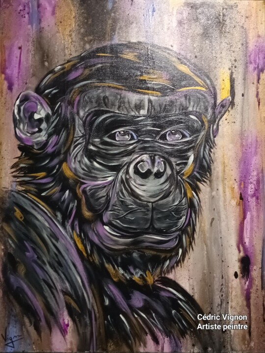 Peinture singe monkey animal street art violet or noir 绘画, 25.6x19.7 in