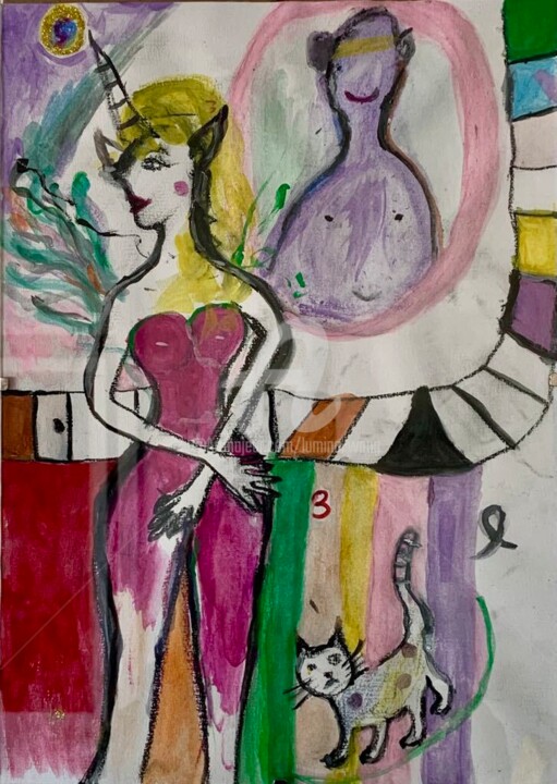 Drawing titled "Trois ⚡️" by Lumina Wang, Original Artwork, Watercolor Mounted on Plexiglass