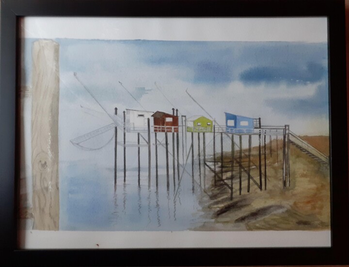 Painting titled "Les carrelets de st…" by Garonne Garonne, Original Artwork, Watercolor